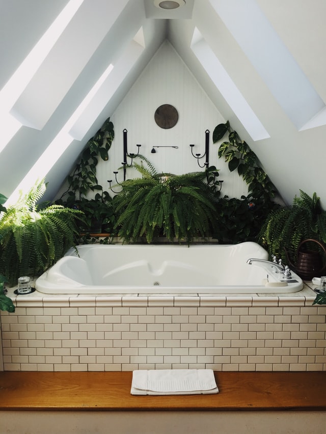 A tub surrounded by plants and greenery