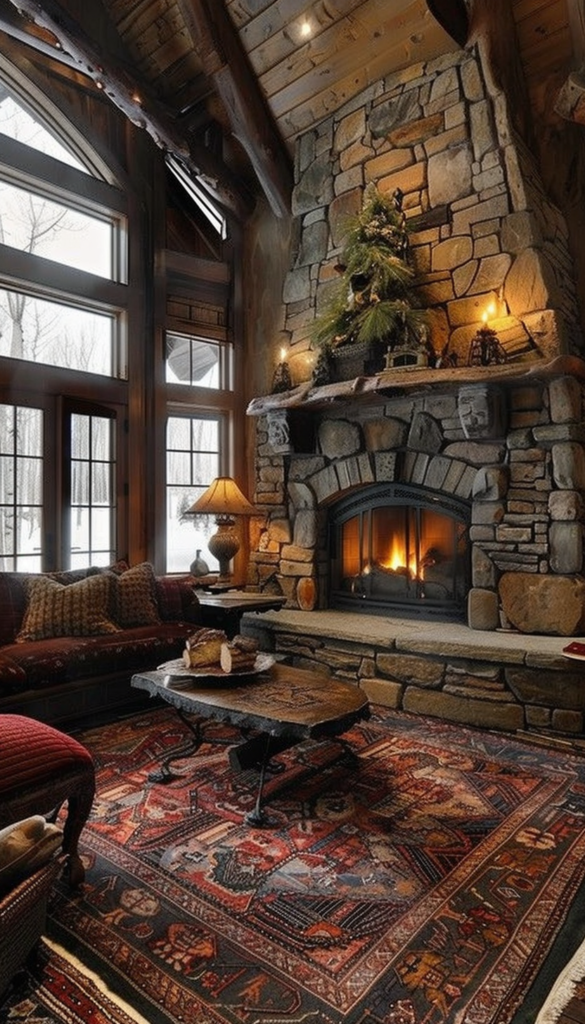 Cozy living room with a stone fireplace, lit fire, wooden beams, oriental rugs, and comfortable seating, with a snowy view outside the windows.