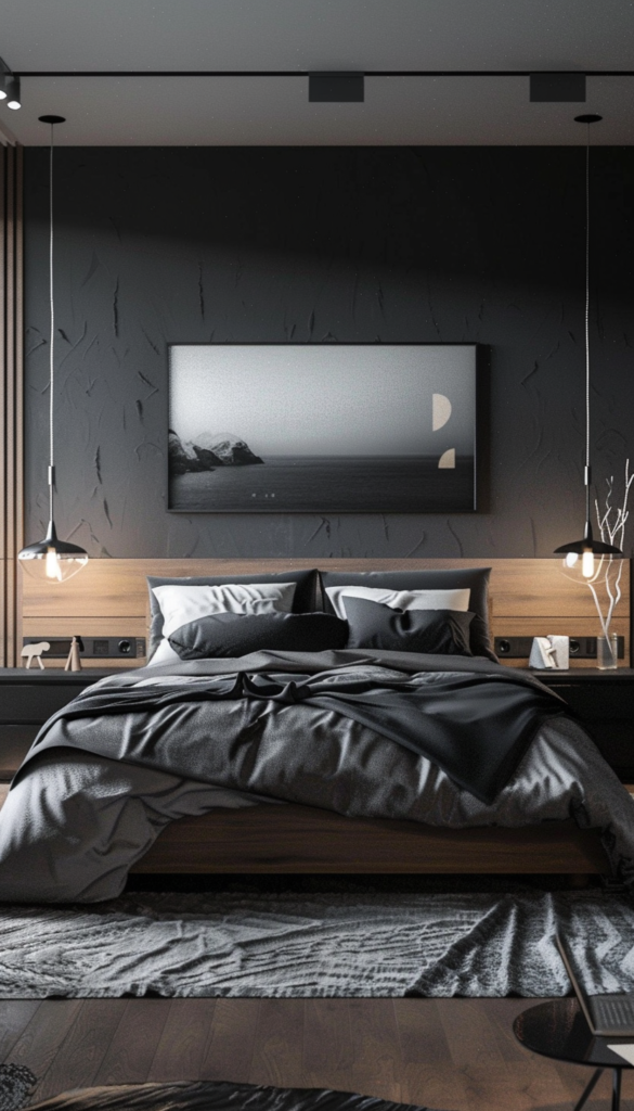 Modern bedroom with a monochromatic color scheme, featuring a large bed with gray bedding, pendant lights, and a mounted television.