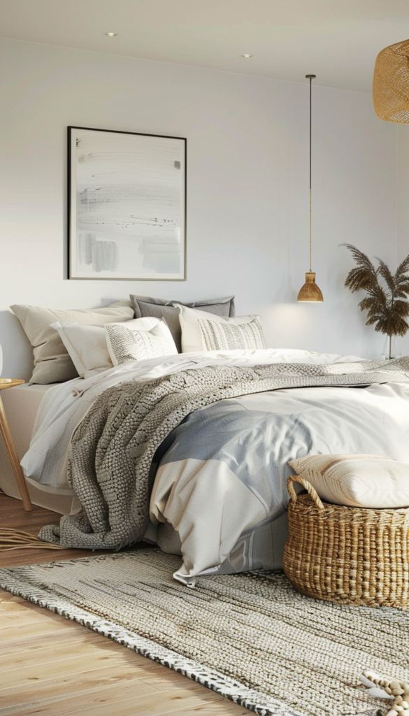 Modern bedroom with a neatly made bed, neutral tones, and natural textures.