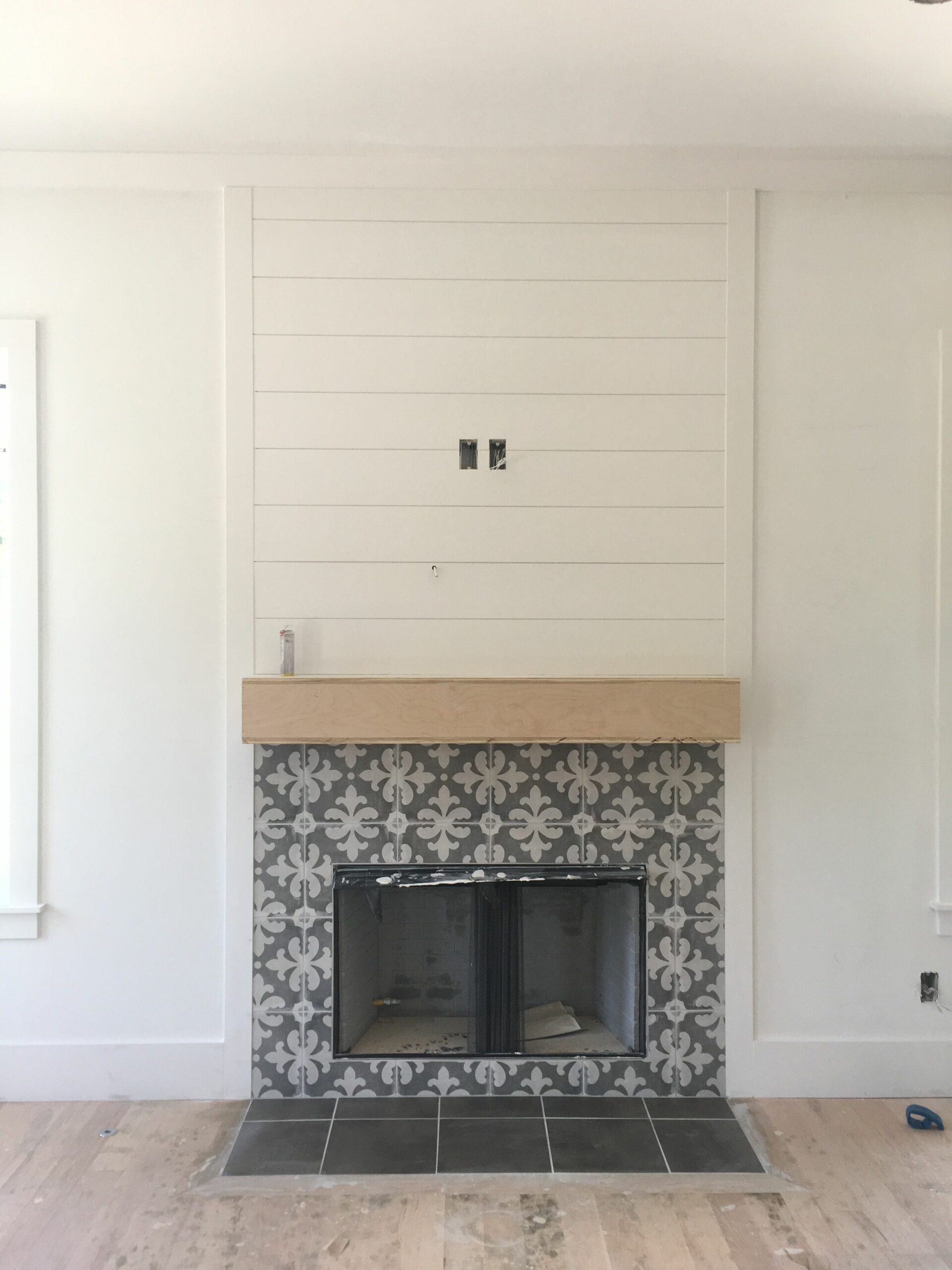 farmhouse shiplap fireplace with tv
