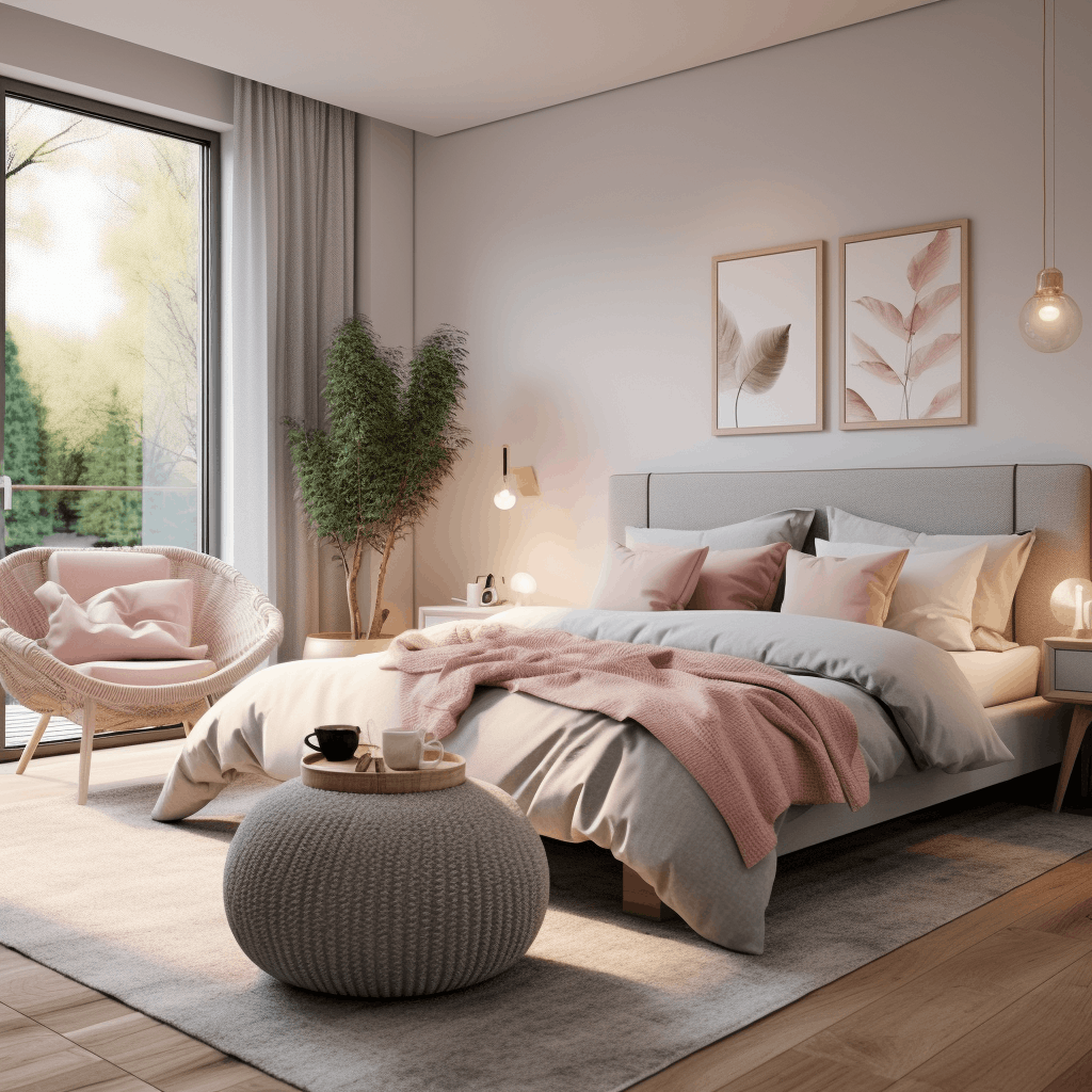 bedroom featuring a bed and chair with a stylish grey and pink color scheme