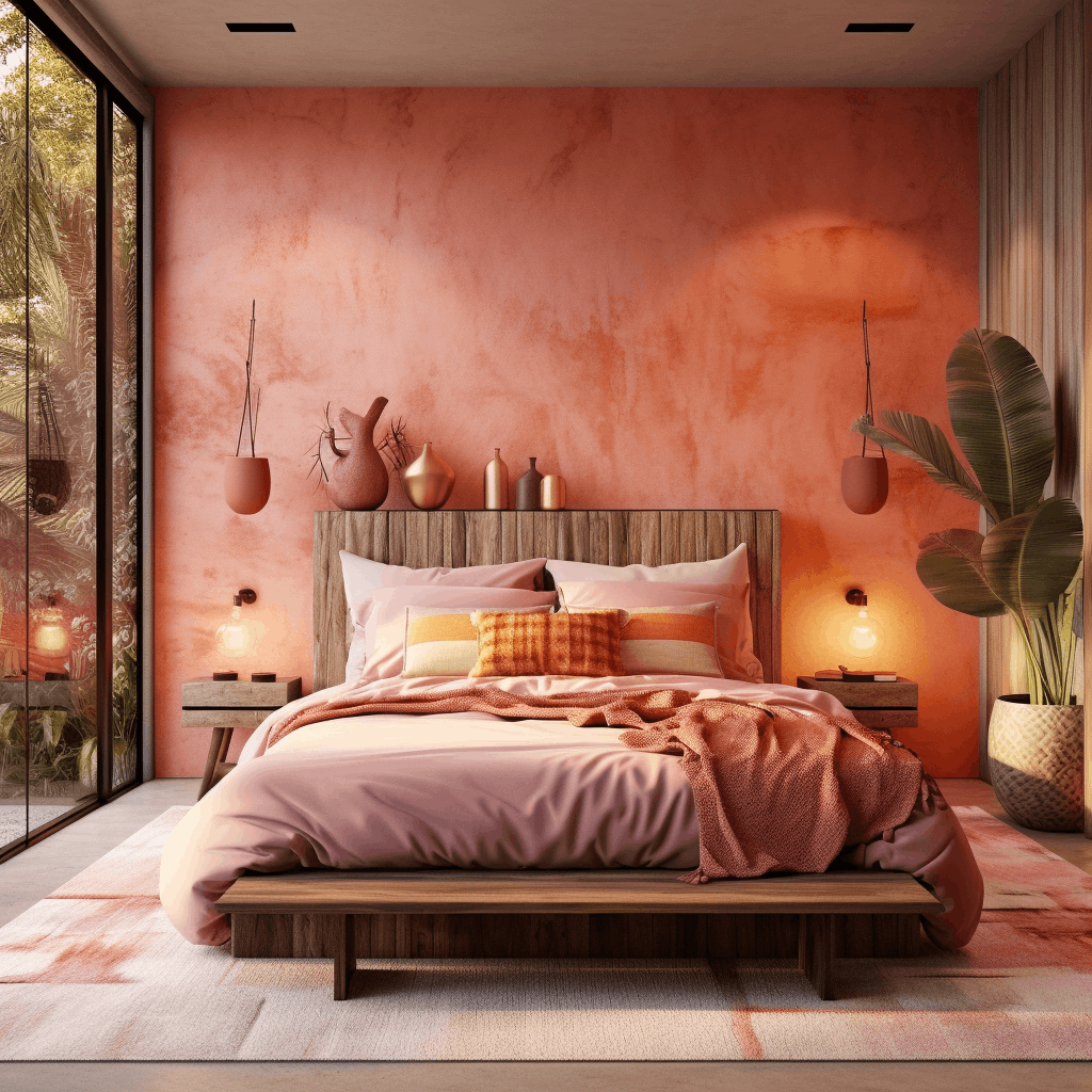 A bedroom with a bed and walls in a combination of orange and pink.