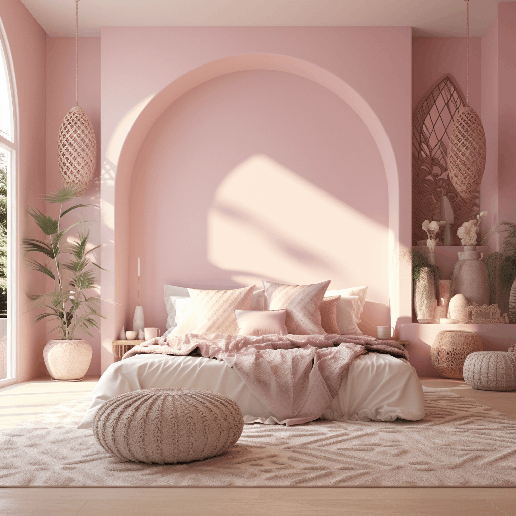 A bedroom with walls painted in bright pink, featuring an arched window.