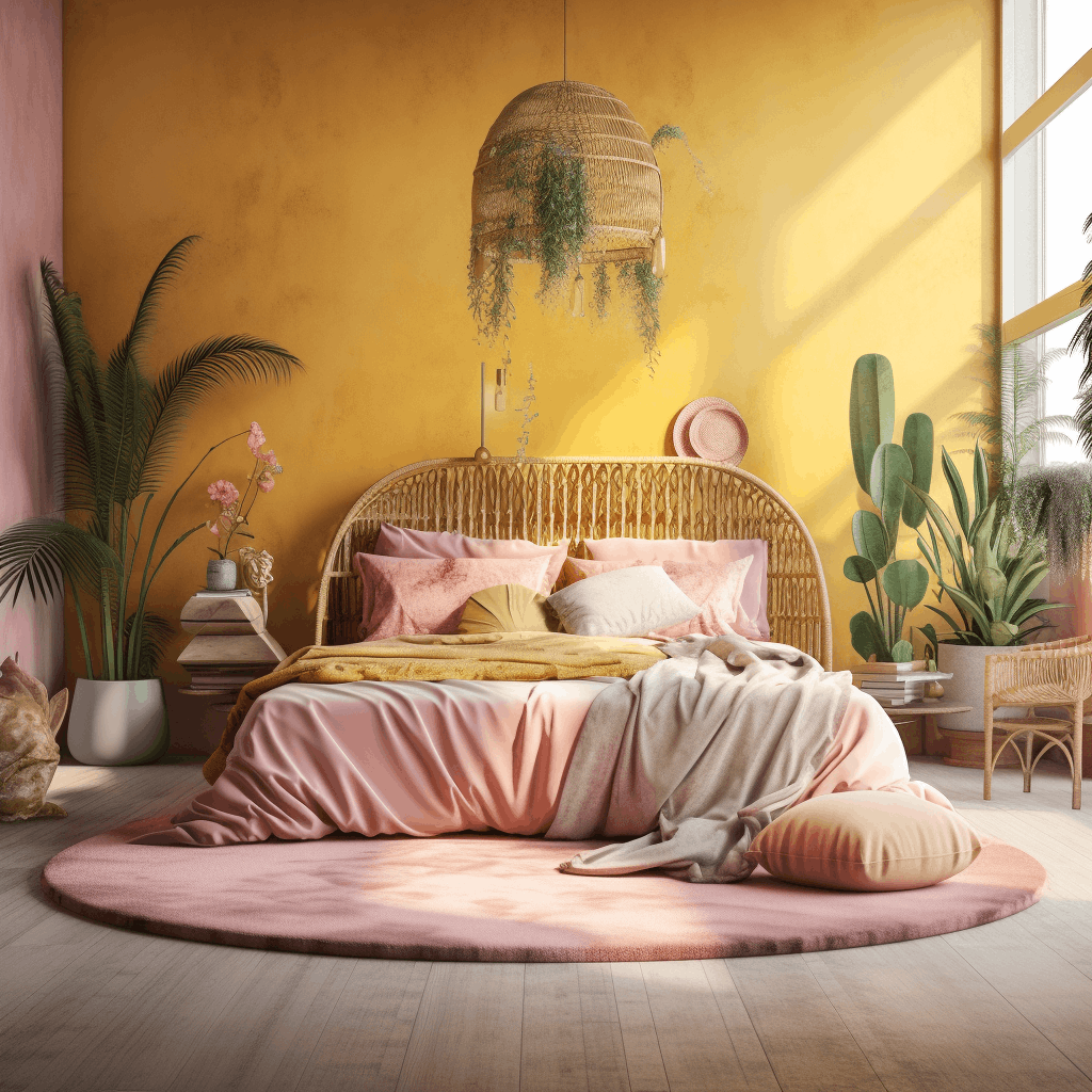 A bedroom with yellow walls and a wicker bed featuring a combination of yellow and rose pink for the walls.