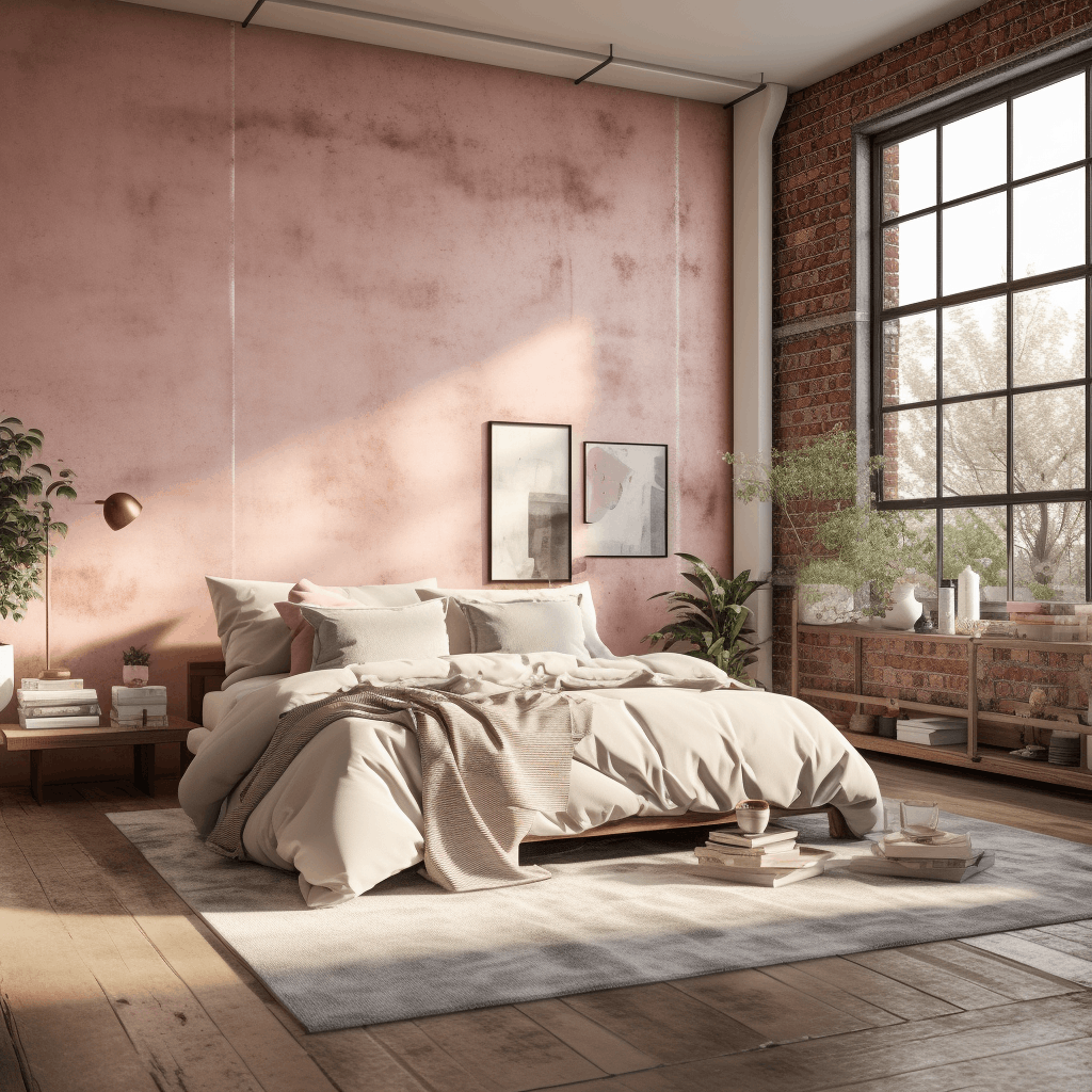 A bedroom with pink walls and wooden floors decorated in a beige and pink colour scheme.