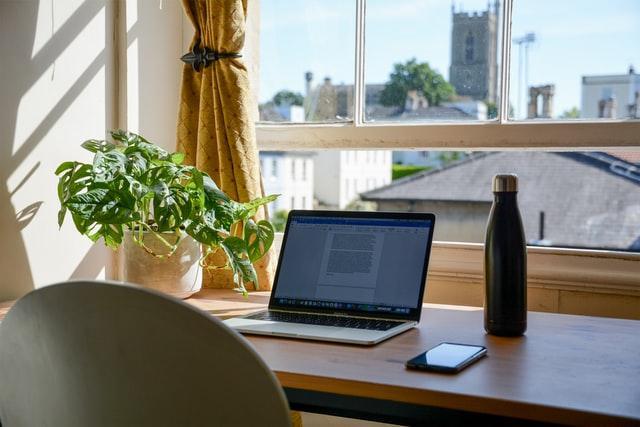 A home office desk with a plant, water bottle, laptop, and a lot of natural light.