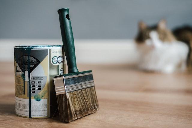 A cat in the back looking at a painting brush and a can of high-quality paint.
