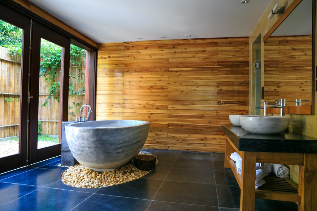 A bathroom incorporating natural elements as an example of transforming your bathroom into a spa-like retreat.