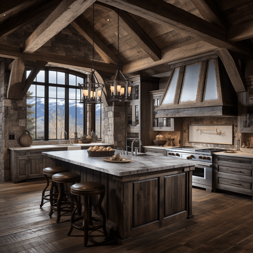 A cabin kitchen with wood beams and a large island.