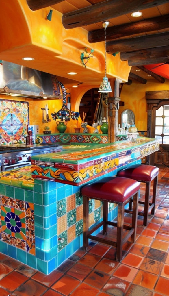 Colorful mexican-style kitchen with tiled island, red stools, and traditional décor under warm lighting.