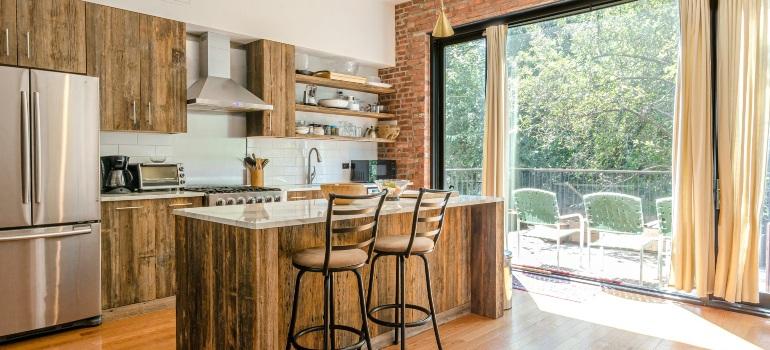 Wooden kitchen island with natural lighting