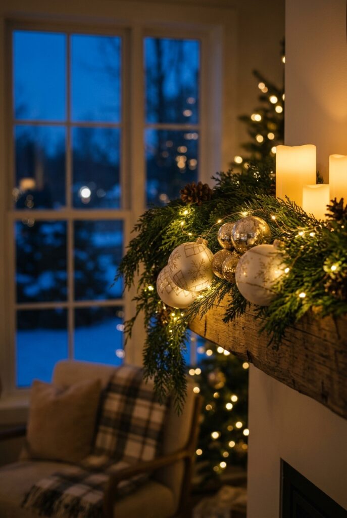 Warm string lights woven through a Christmas mantel garland at dusk.