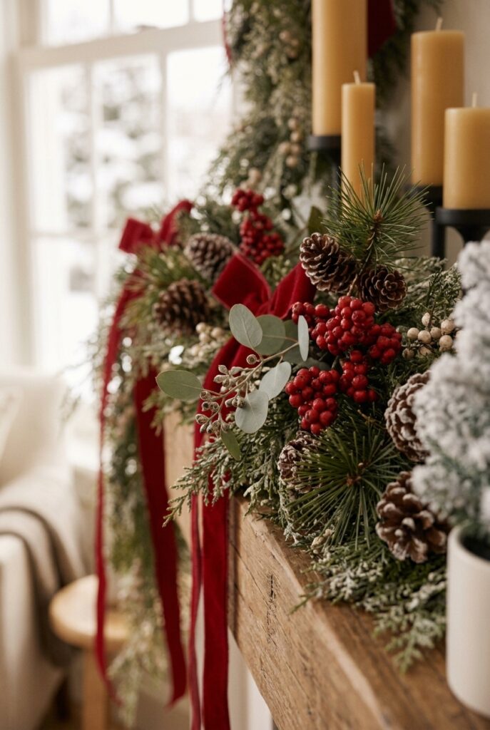 Faux berries and pine picks added to a Christmas mantel garland.