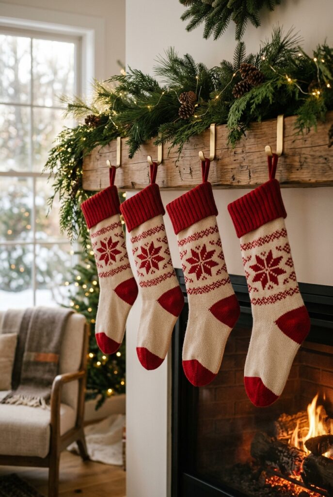 Matching knit stockings hanging from a Christmas mantel.
