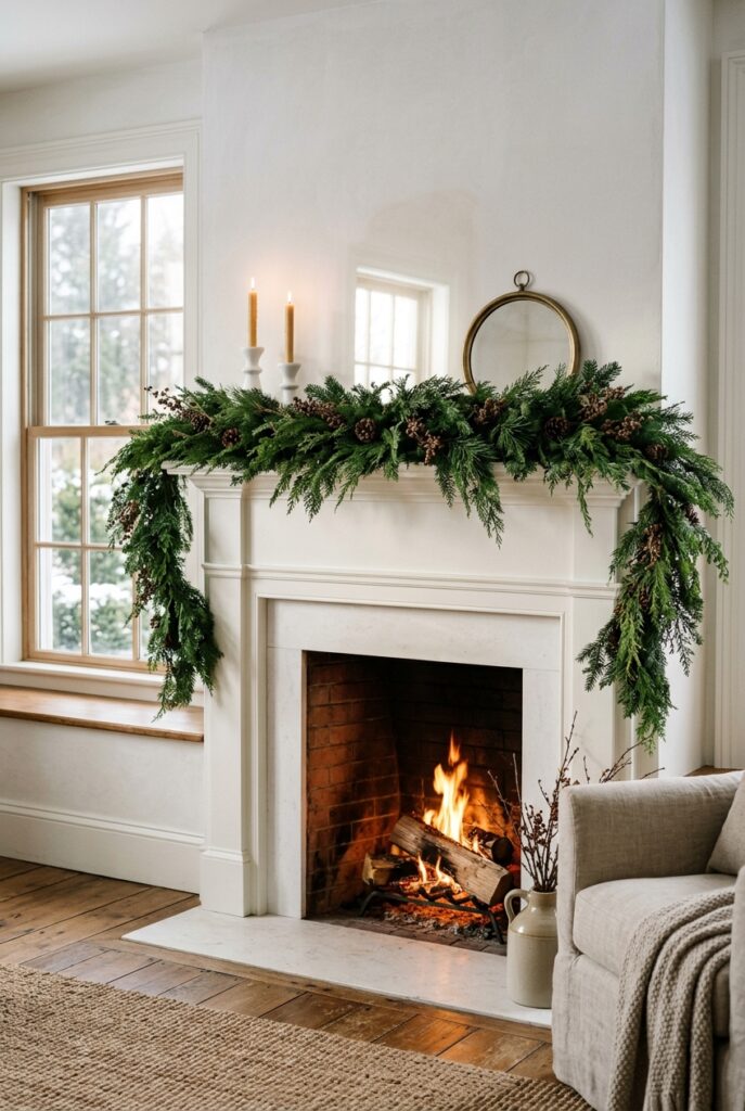A thick evergreen garland draped across a white painted fireplace mantel, soft drape at both ends, warm daylight, minimal styling.