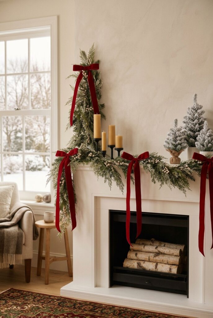 Red velvet bows tied on a Christmas mantel garland.