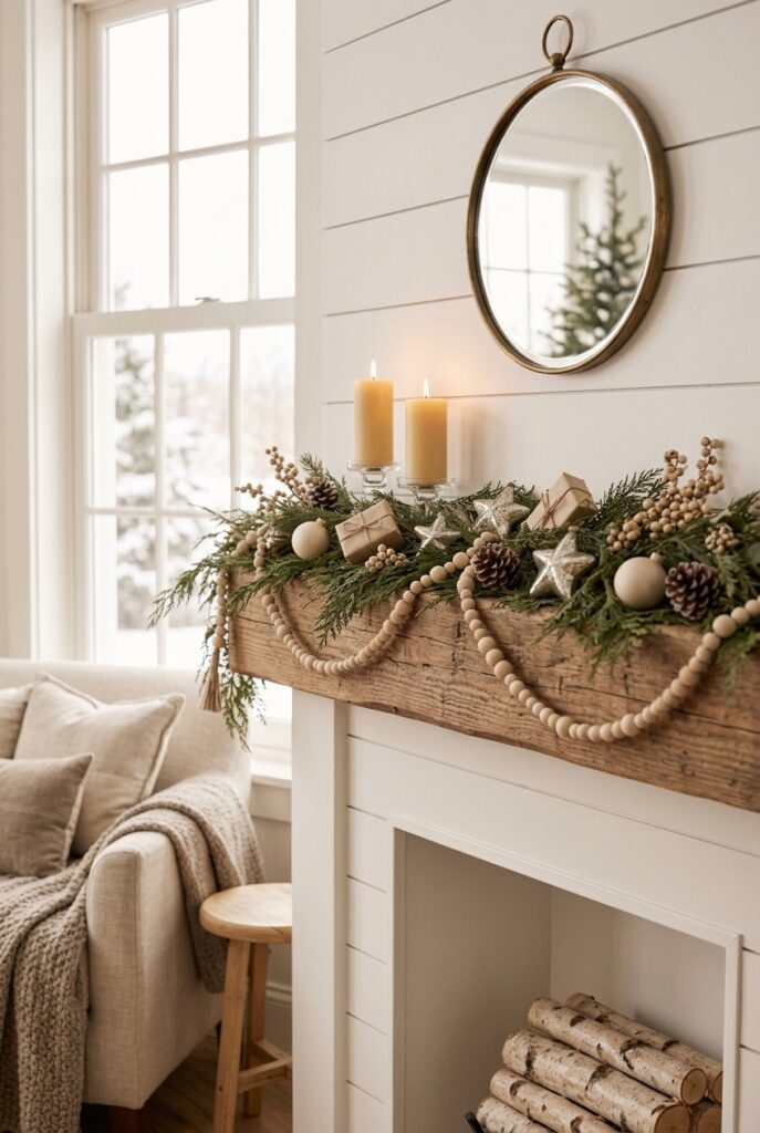 Farmhouse shiplap fireplace with a rustic Christmas mantel.