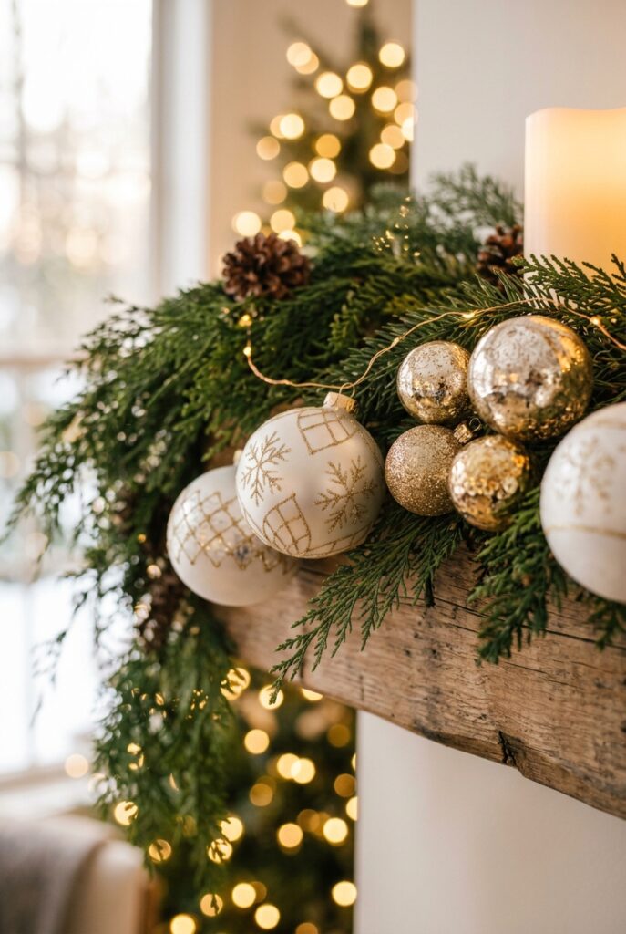 Gold and white ornaments tucked into a mantel garland.