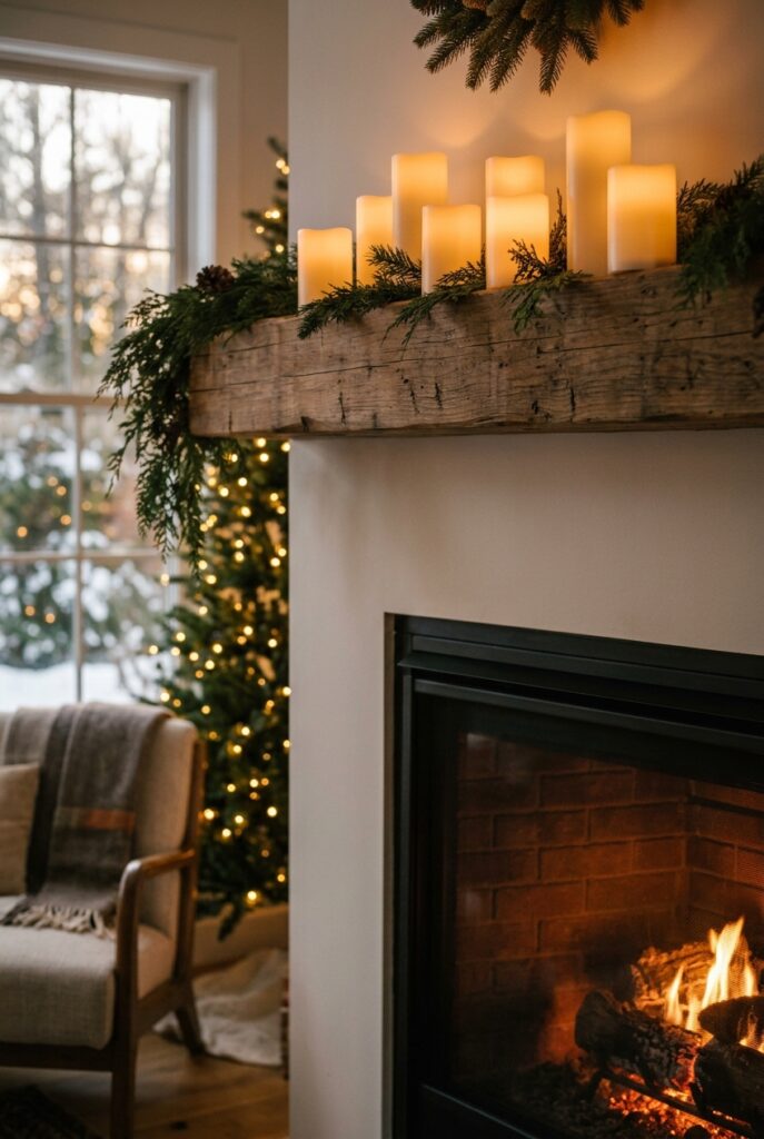 Flameless pillar candles in different heights on a Christmas mantel.