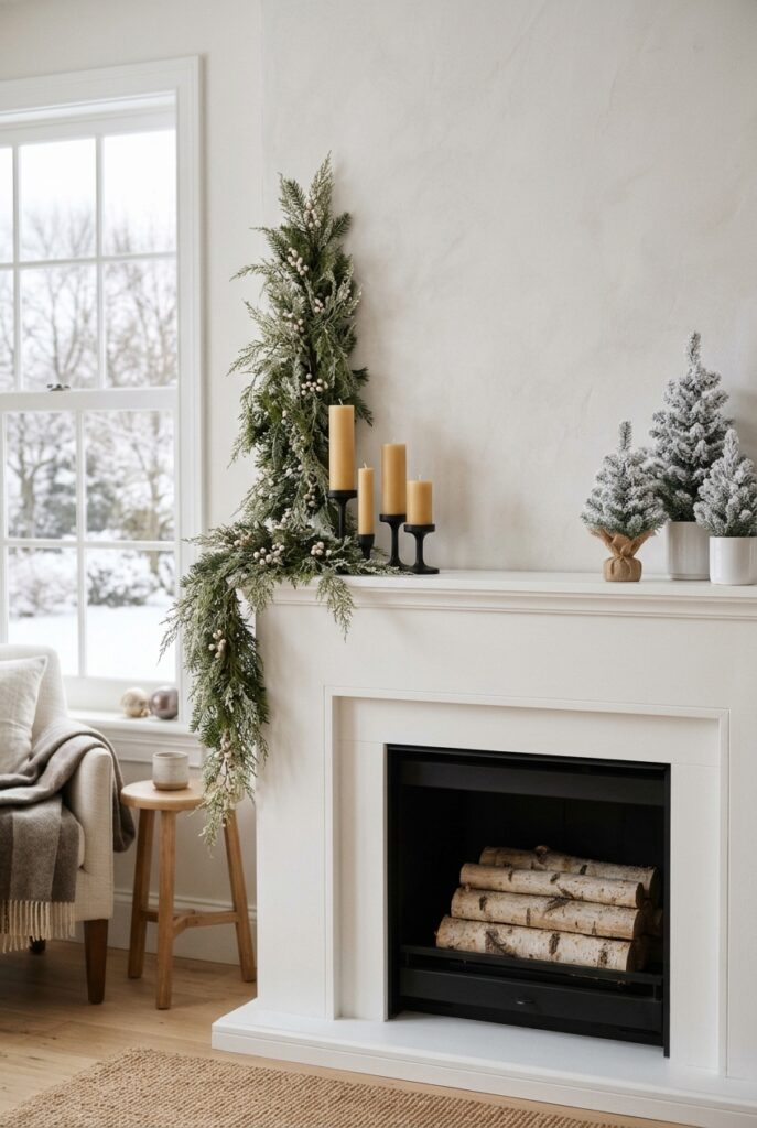Asymmetrical Christmas mantel with a tall left cluster and a low right cluster.