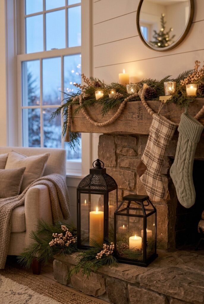 Lanterns with candles on a hearth below a Christmas mantel.