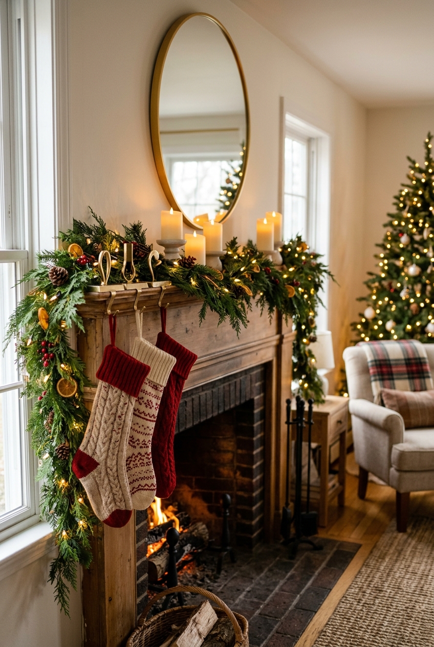 Budget Christmas mantel decorated with garland, stockings, candles and string lights.