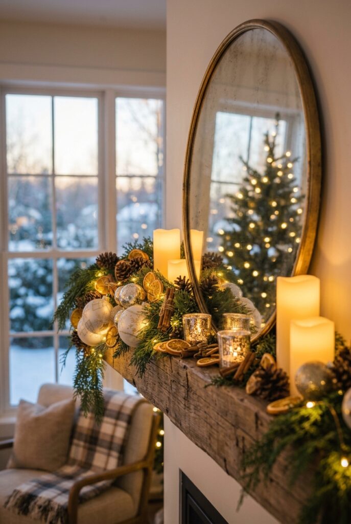 Round gold mirror leaning on a Christmas mantel with garland and candles.