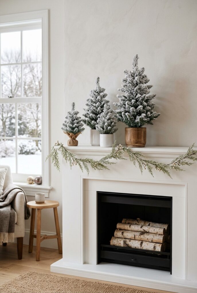 Three mini flocked trees on a white Christmas mantel.