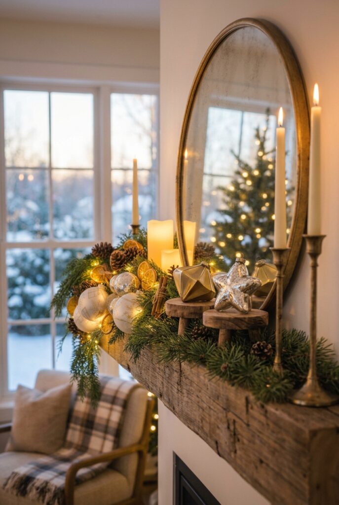 Layered Christmas mantel decor in varied heights.