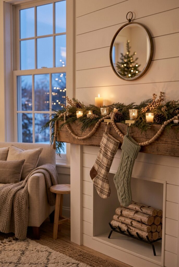 Corner fireplace with a low Christmas mantel garland and stockings.